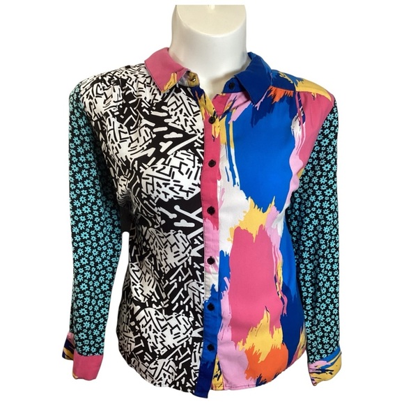 JM Collection Multicolor Abstract Women's Button Down Shirt, Plus Size 1X - Picture 1 of 7